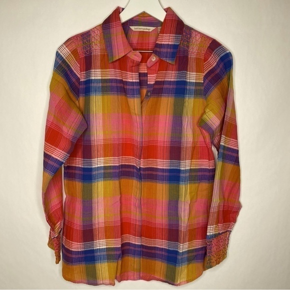 Soft Surroundings Sansone Multi Color Plaid Button Down Shirt - Picture 1 of 7